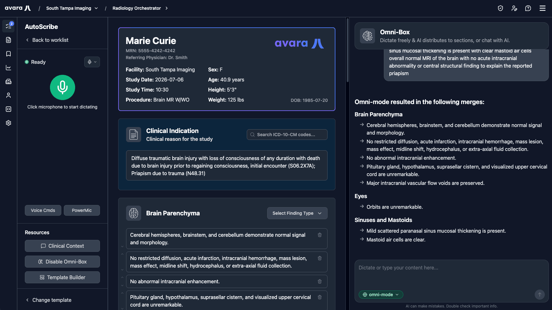 Avara AutoScribe reporting workspace